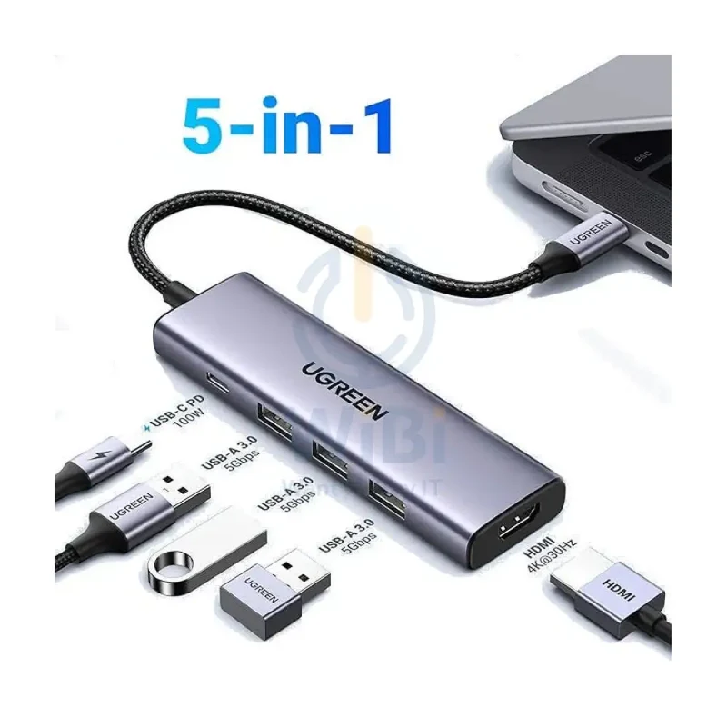 موزع يو إس بي-C يوجرين 5 في 1، بقدرة 100 واط PD، HDMI بدقة 4K وتردد 30 هرتز