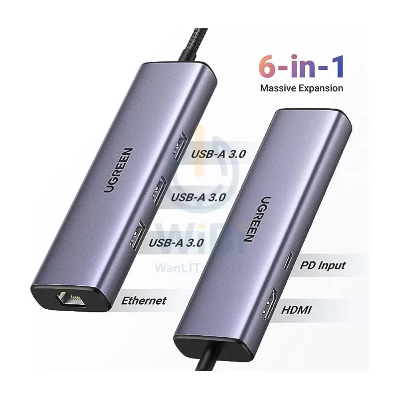 موزع يوجرين 6 في 1 يو إس بي سي (توصيل طاقة 100 واط، إتش دي إم آي 4K@30Hz)