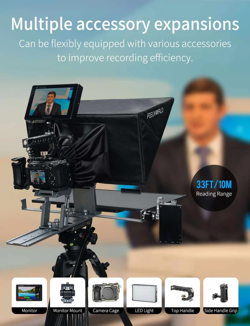 Der FEELWORLD TP21 21-Zoll-Falt-Teleprompter unterstützt Teleprompter bis zu 21.5 Zoll, horizontale und vertikale Teleprompter-Funktion sowie Bluetooth-Fernbedienung.