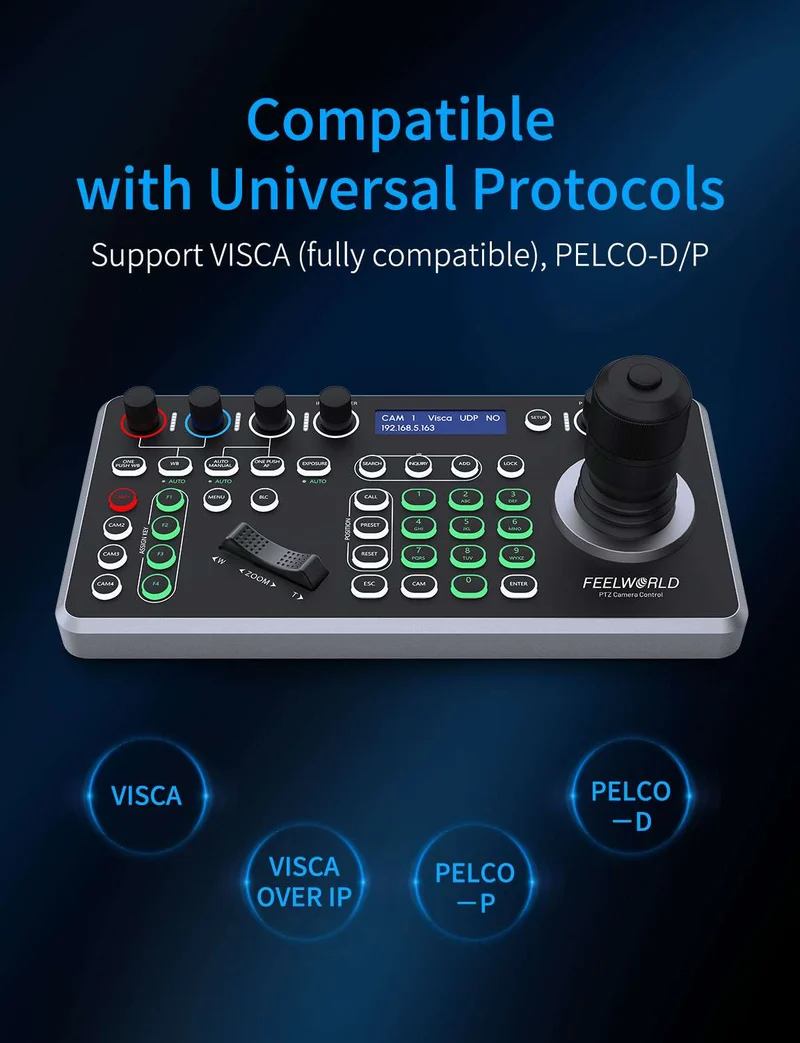 FEELWORLD KBC20 PTZ-Kamerasteuerung mit Joystick und Tastatur, Unterstützung mehrerer Steuerungsprotokolle und PoE