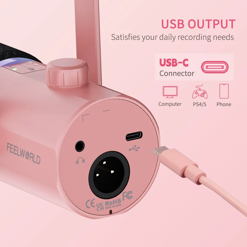FEELWORLD PM1 Rosa XLR USB dynamisches Mikrofon mit Galgenarmständer für Podcast