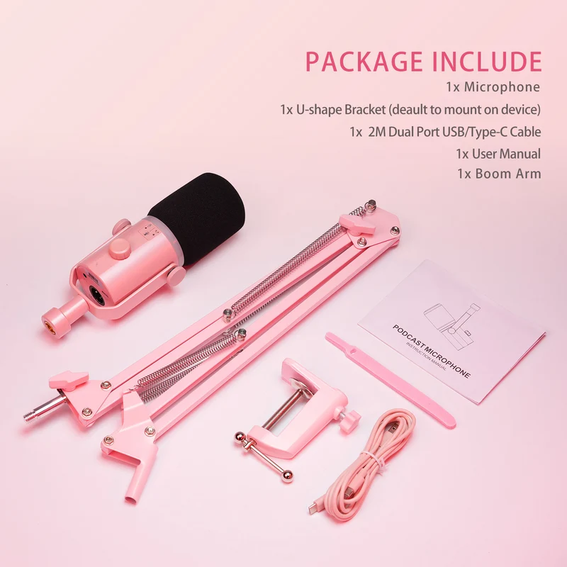 FEELWORLD PM1 Rosa XLR USB dynamisches Mikrofon mit Galgenarmständer für Podcast