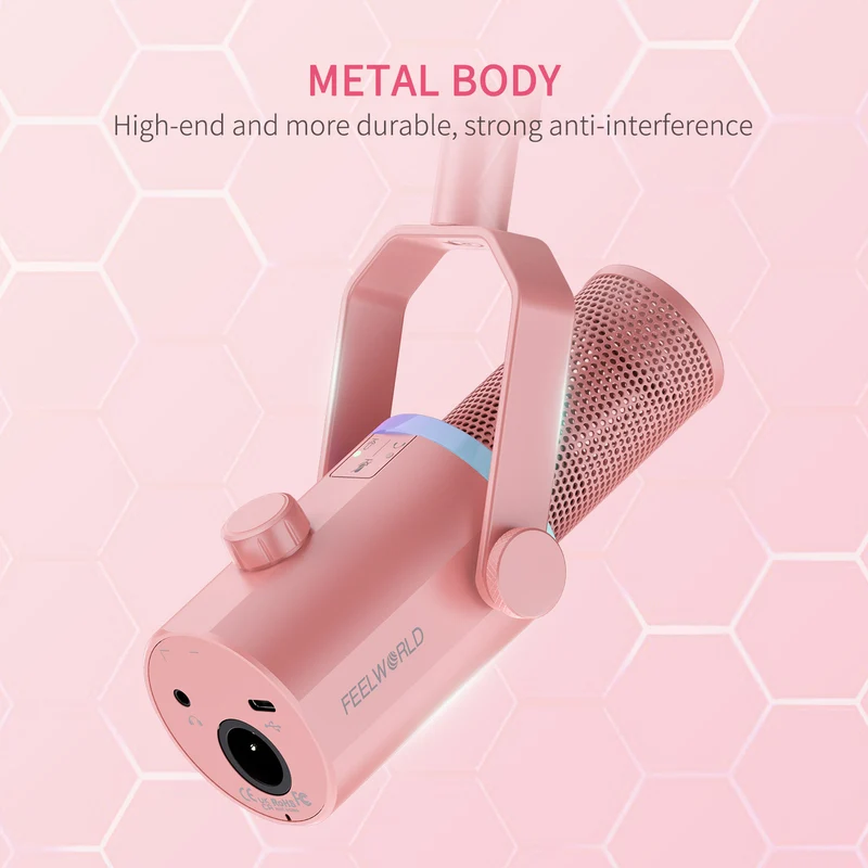 FEELWORLD PM1 Rosa XLR USB Dynamisches Mikrofon mit Desktop-Ständer Ständer für Podcast