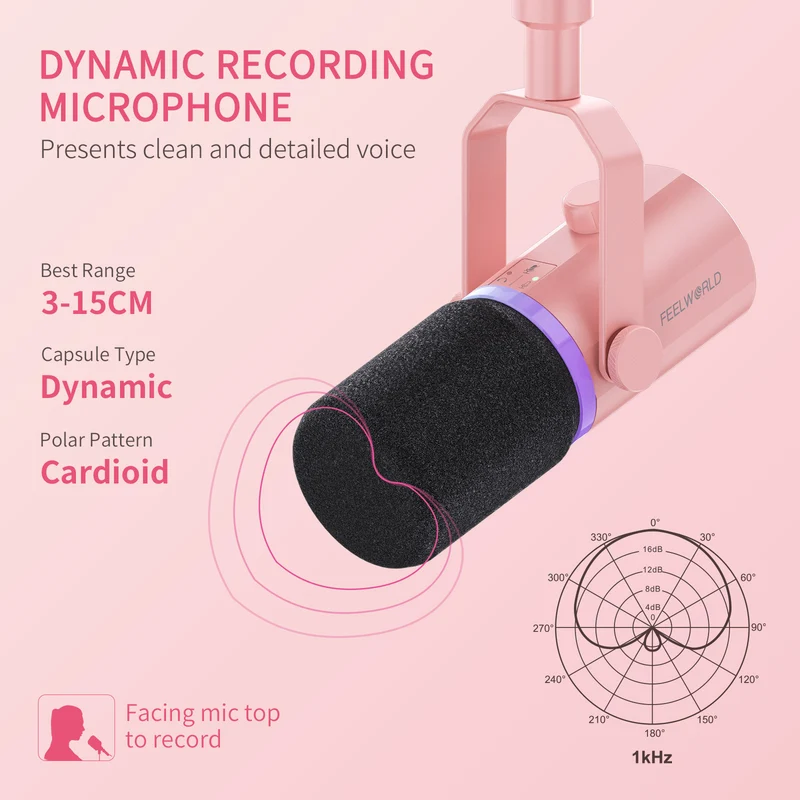 FEELWORLD PM1 Rosa XLR USB dynamisches Mikrofon für Podcasting Aufnahme Gaming Live-Streaming