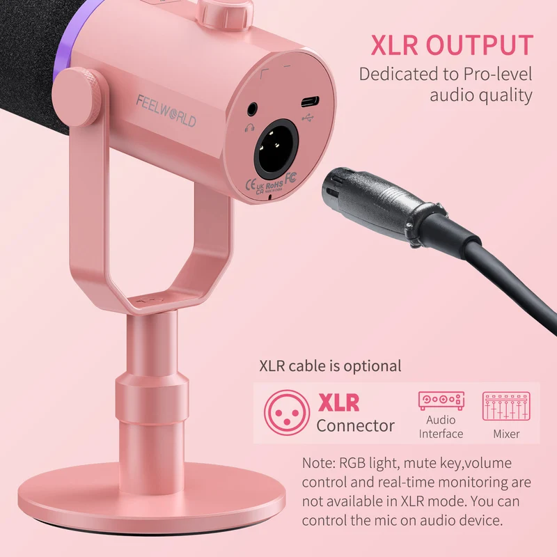 FEELWORLD PM1 Rosa XLR USB dynamisches Mikrofon für Podcasting Aufnahme Gaming Live-Streaming