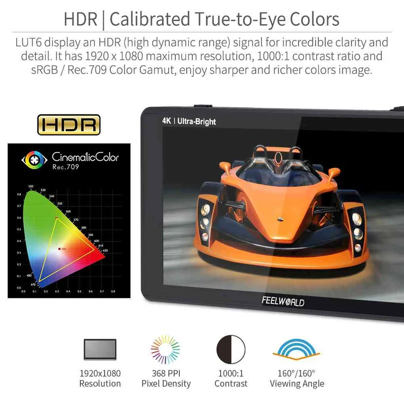 FEELWORLD LUT6S 6 Zoll 2600nit Ultra Bright Field DSLR-Kameramonitor mit Touchscreen, HDR, SDI, 4K und HDMI