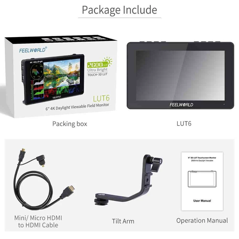 FEELWORLD LUT6 6 Zoll 2600nit Ultra Bright Field DSLR-Kameramonitor Touchscreen HDR 4K HDMI