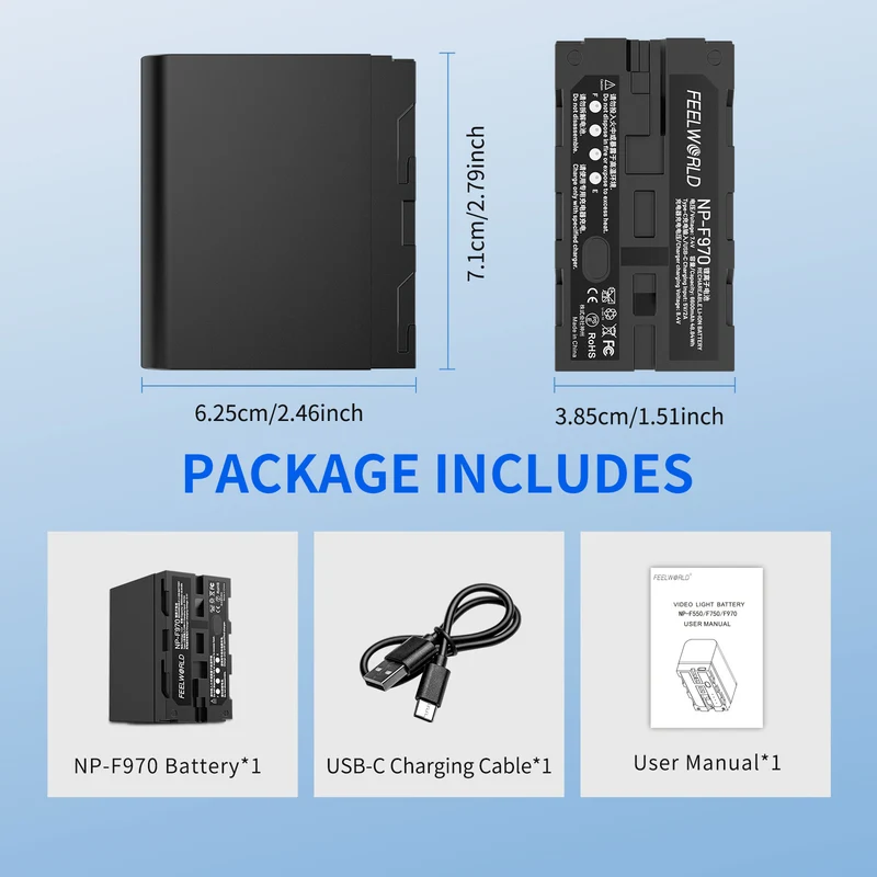 FEEWORLD NP-F970 6600 mAh Li-Ionen-Akku für Monitor, Videoleuchte, Videoübertragung, USB-C-Aufladung