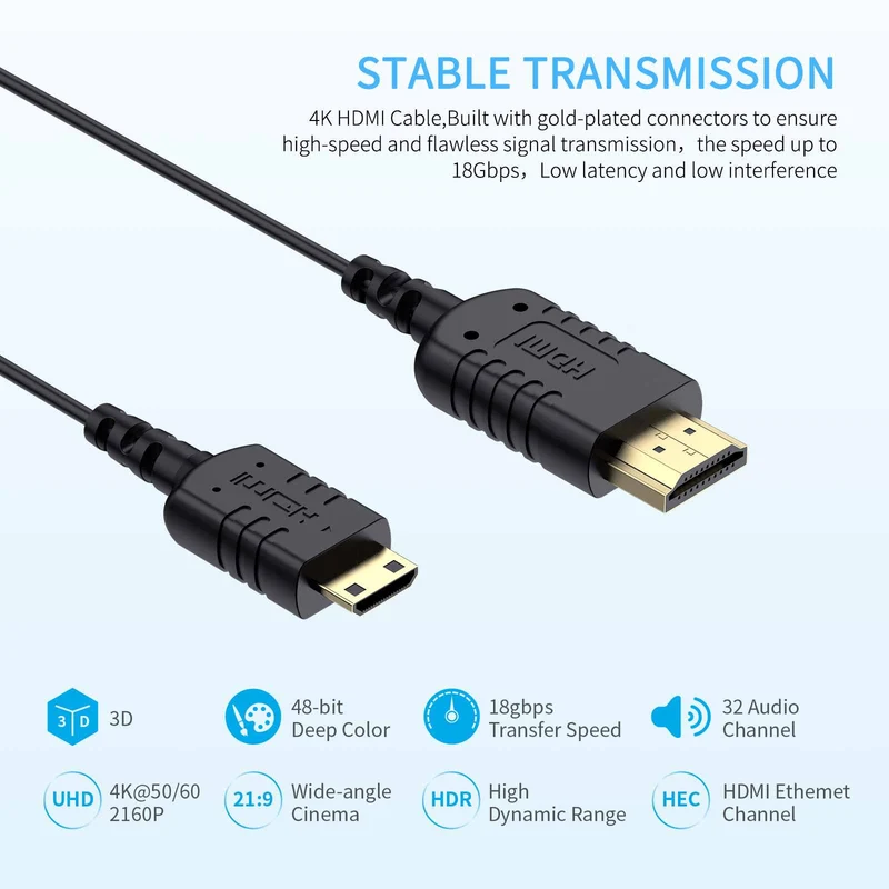 FEELWORLD Ultradünnes 4K-Mini-HDMI-zu-HDMI-Kabel 1.5 Fuß, 2.5 mm schlankes HDMI 2.0-Kabel, unterstützt High Speed ​​4K@60Hz 2160p 1080p 18 Gbit/s 3D HDR für Kamera, Camcorder, Laptop, Tablet