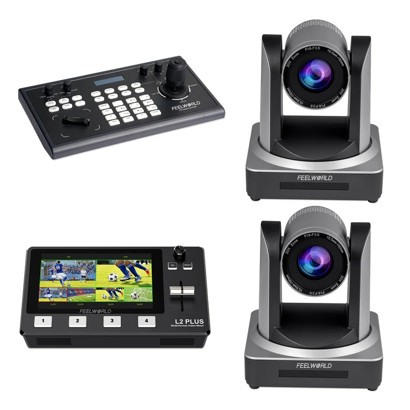 FEELWORLD KBC10 PTZ Controller und L2 Plus Video Switcher und 2 POE20X PTZ Kamera Bundle Set