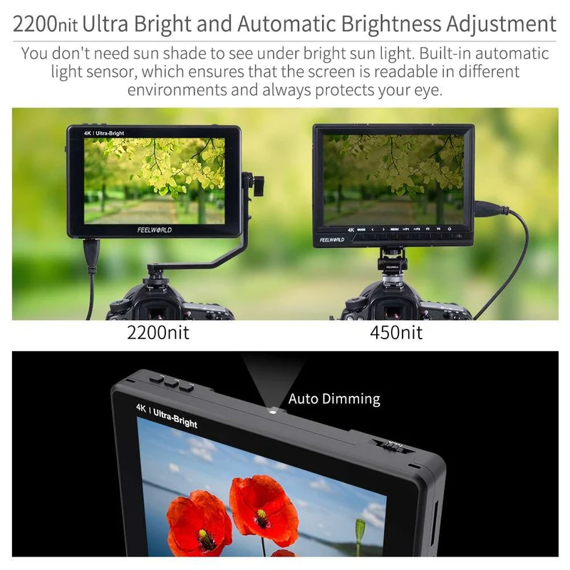 FEELWORLD LUT7 7-Zoll-DSLR-Kameramonitor mit 2200 Nits Ultra Bright Field Touchscreen, 4K und HDMI