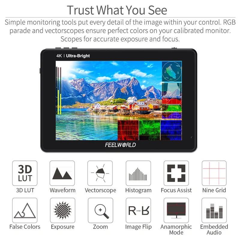 FEELWORLD LUT7S 7-Zoll-DSLR-Kameramonitor mit 2200 Nits Ultra Bright Field, Touchscreen, 3G, SDI, 4K und HDMI