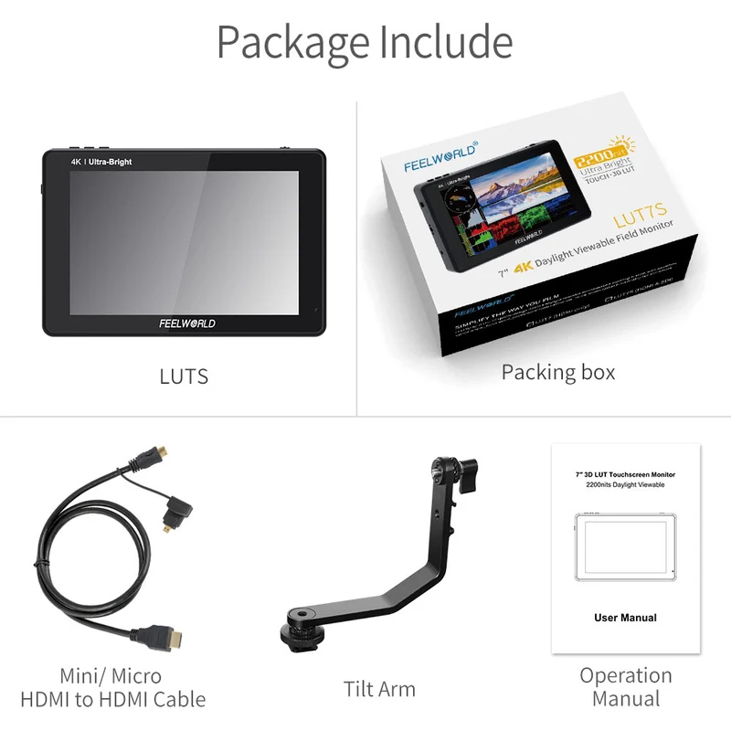 FEELWORLD LUT7S 7-Zoll-DSLR-Kameramonitor mit 2200 Nits Ultra Bright Field, Touchscreen, 3G, SDI, 4K und HDMI