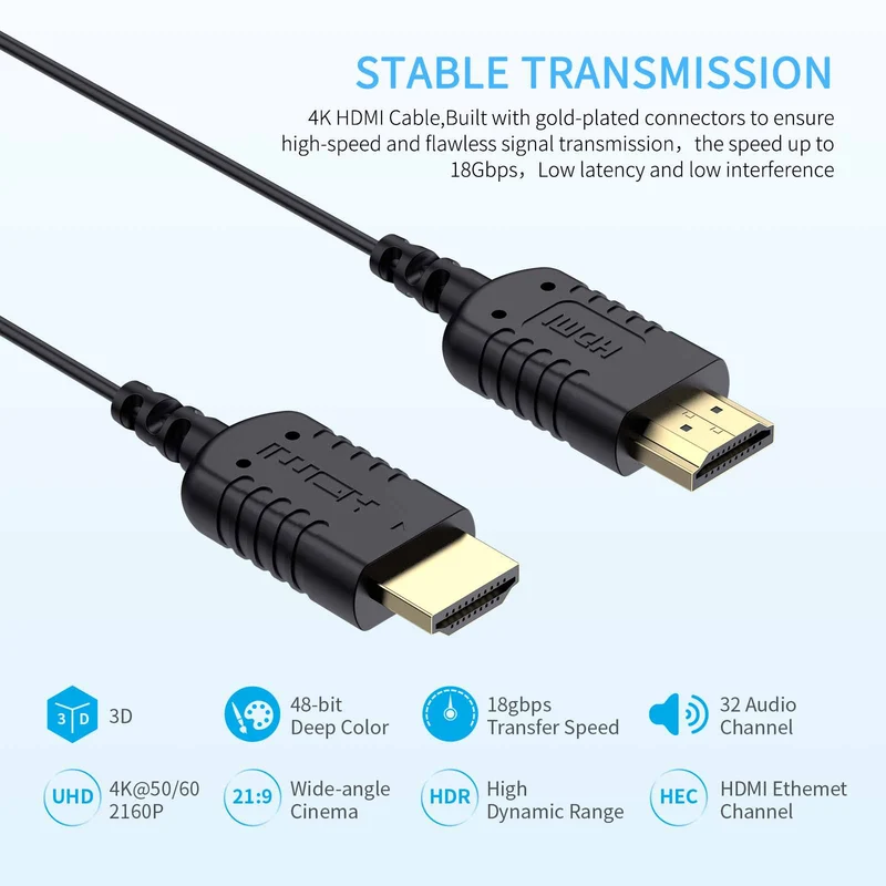 FEELWORLD Ultradünnes 4K-HDMI-zu-HDMI-Kabel 1.5 Fuß, 2.5 mm schlankes HDMI 2.0-Kabel, unterstützt High Speed ​​4K@60Hz 2160p 1080p 18 Gbit/s 3D HDR für Kamera, Camcorder, Monitor, Gimbal