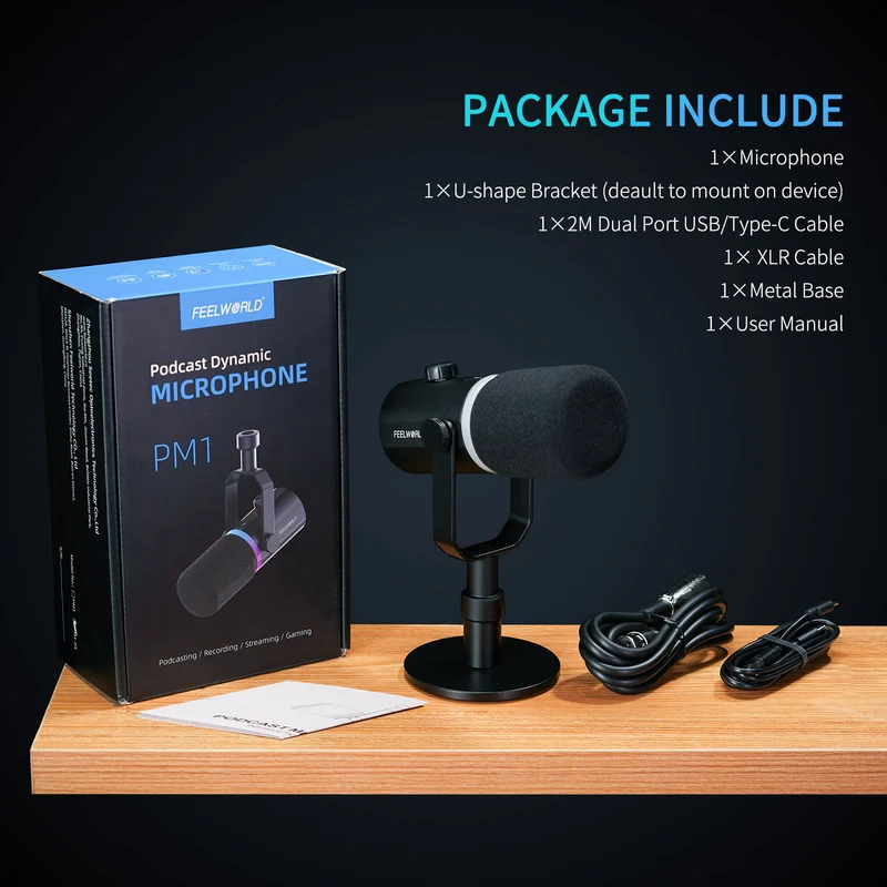 FEELWORLD PM1 XLR USB Dynamisches Mikrofon mit Desktop-Ständer für Podcast