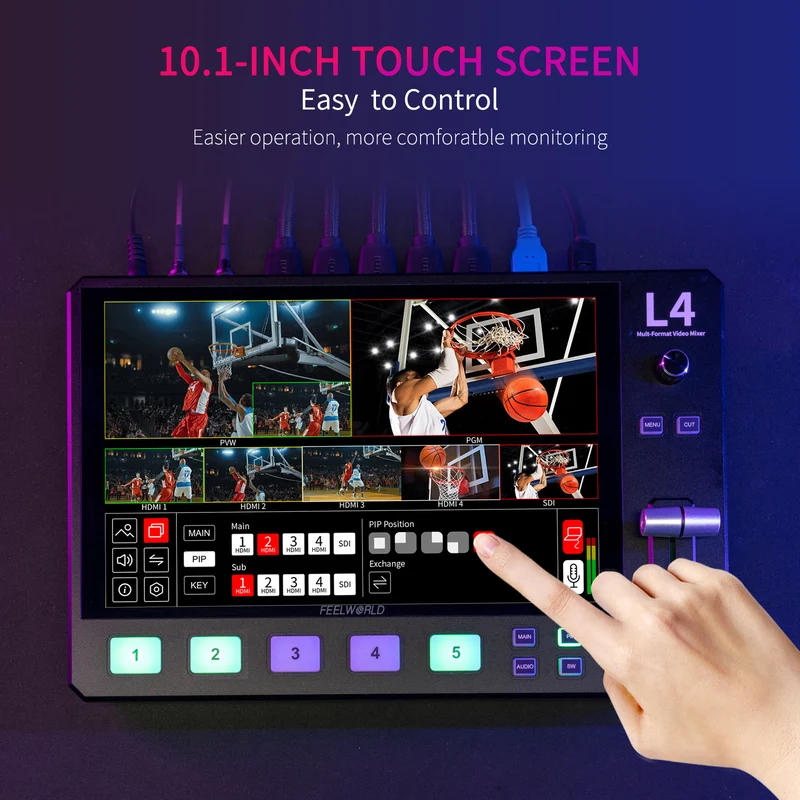 FEELWORLD L4 Multikamera-Videomixer-Umschalter 10.1-Zoll-Touchscreen USB3.0 Schnelles Streaming