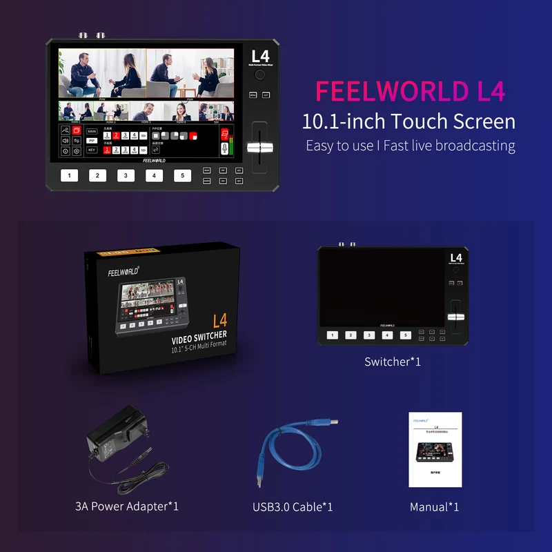 FEELWORLD L4 Multikamera-Videomixer-Umschalter 10.1-Zoll-Touchscreen USB3.0 Schnelles Streaming