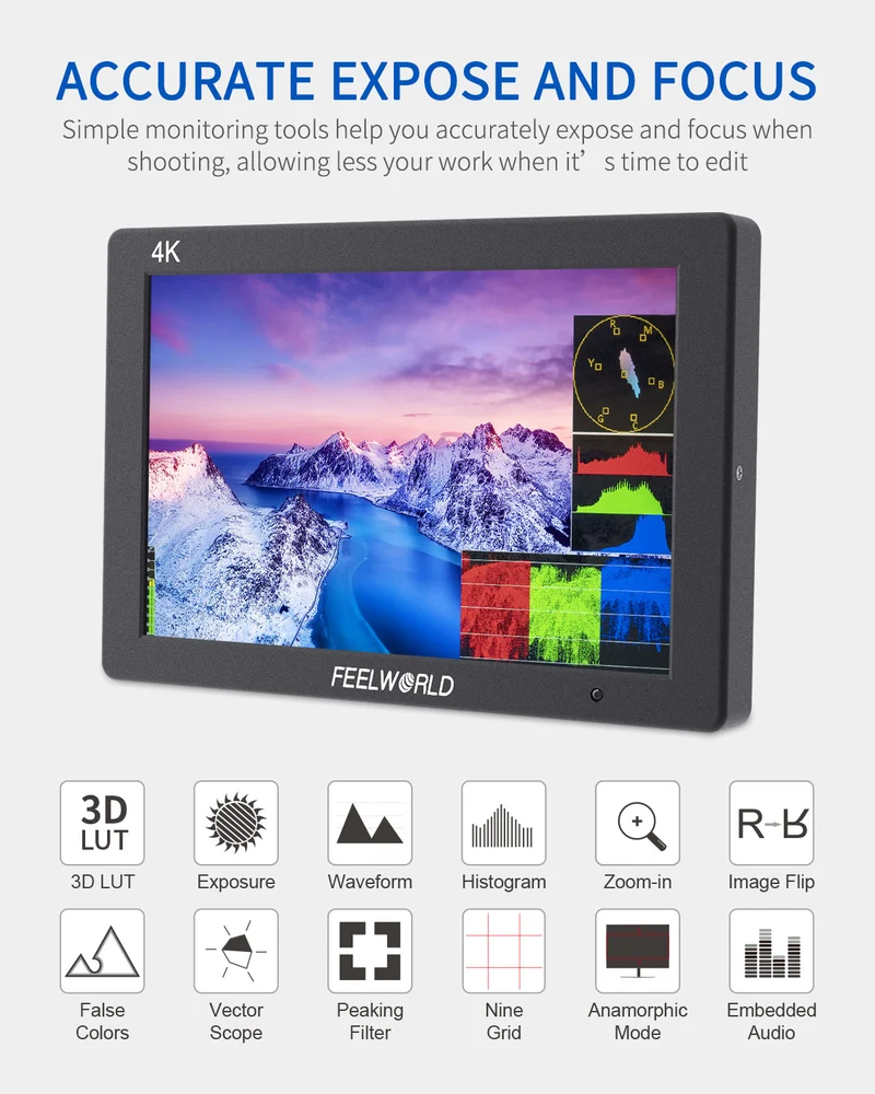 FEELWORLD T7 PLUS 7 Zoll 3D LUT DSLR Kamera Field Monitor mit Waveform 4K HDMI Aluminiumgehäuse