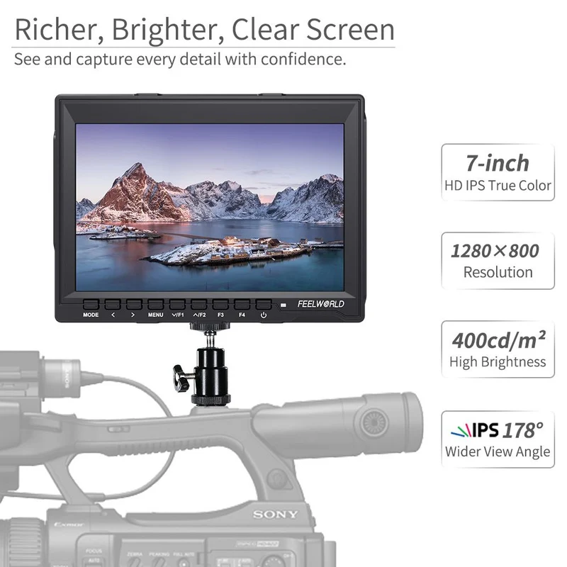 FEELWORLD FW759 7-Zoll-Feldmonitor für DSLR-Kameras, 400 cd/m², HD-Video-Assist, IPS, 1280 x 800, 4K, HDMI