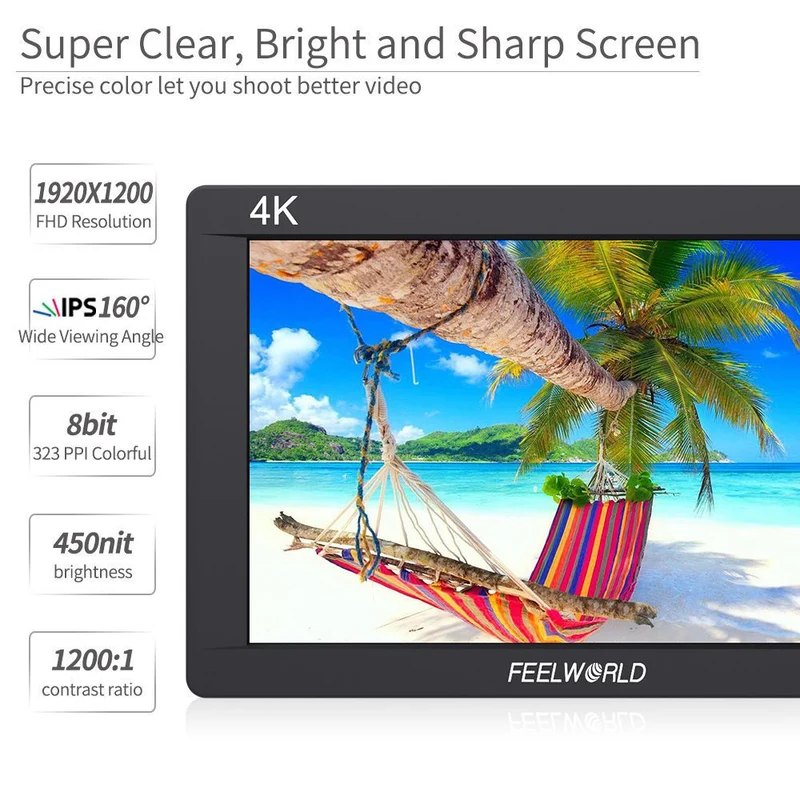 FEELWORLD FW703 7-Zoll-Feldmonitor für DSLR-Kameras (450 cd/m²), IPS-Display, 3G-SDI-Anschluss, Full HD (1920 x 1200), 4K-HDMI-Anschluss