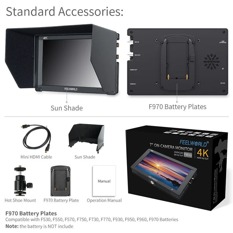FEELWORLD FW703 7-Zoll-Feldmonitor für DSLR-Kameras (450 cd/m²), IPS-Display, 3G-SDI-Anschluss, Full HD (1920 x 1200), 4K-HDMI-Anschluss