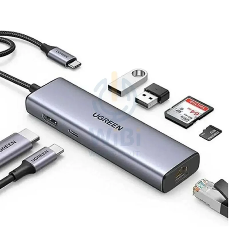 موزع ومحول يو جرين من USB-C إلى منفذي USB 3.0 وHDMI بدقة 4K وتردد 30 هرتز وRJ45 وSD/TF ‏(CM512 90568)
