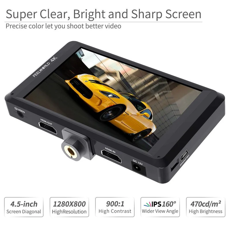 FEELWORLD FW450 4.5 Zoll kleine DSLR-Kamera Field Monitor Full HD 1280x800 mit 4K HDMI In Out
