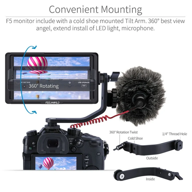 FEELWORLD F5 5 Zoll kleine 4K HDMI DSLR auf Kameramonitor Full HD 1920x1080 Peaking Assist DC Out