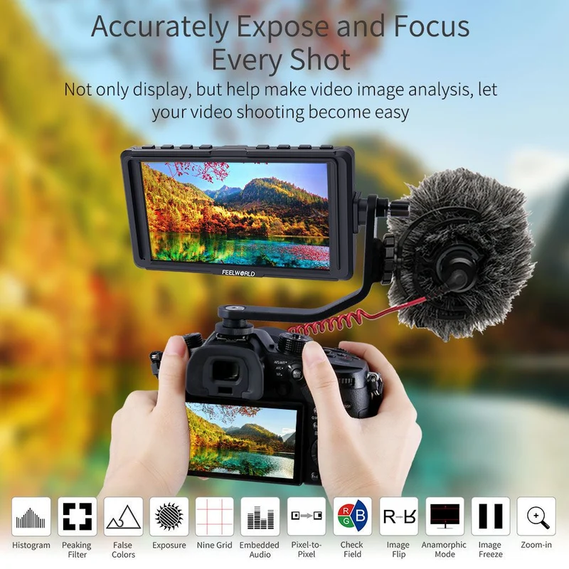 FEELWORLD F5 5 Zoll kleine 4K HDMI DSLR auf Kameramonitor Full HD 1920x1080 Peaking Assist DC Out