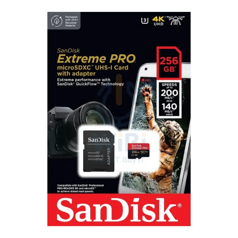بطاقة ذاكرة سانديسك إكستريم برو microSDXC UHS-I مع محول - 256 جيجابايت / سرعة تصل إلى 200 ميجابايت/ثانية