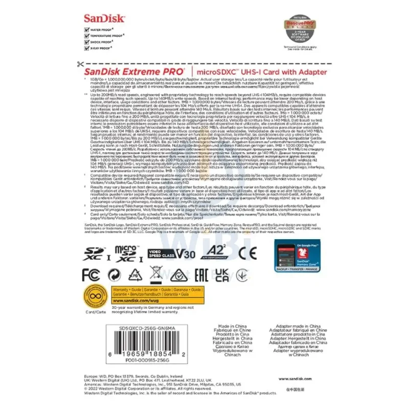 بطاقة ذاكرة سانديسك إكستريم برو microSDXC UHS-I مع محول - 256 جيجابايت / سرعة تصل إلى 200 ميجابايت/ثانية