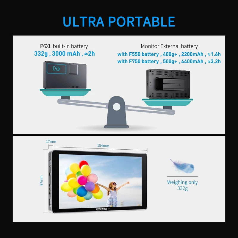 FEELWORLD P6XL 6 Zoll 1200 Nits Integrierter Akku Aluminium DSLR-Kamera-Feldmonitor Touchscreen 4K HDMI