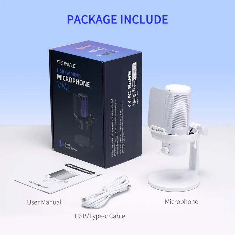 FEELWORLD VM1 Weißes Gaming-PC-USB-Kondensatormikrofon mit Tischständer