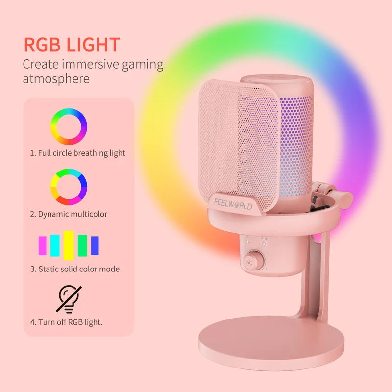 FEELWORLD VM1 Pink Gaming-PC USB-Kondensatormikrofon mit Tischständer