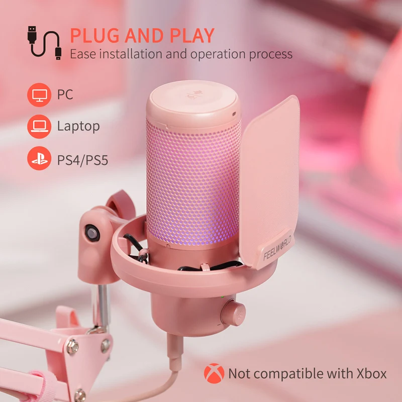 FEELWORLD VM1 Pink Gaming-PC USB-Kondensatormikrofon mit Galgenarmständer