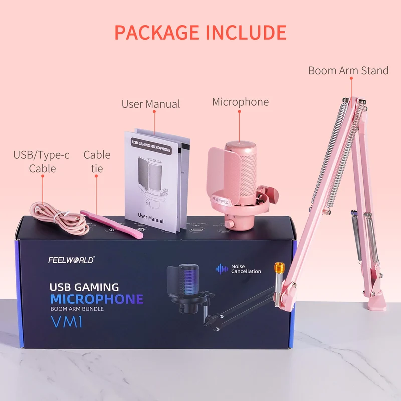 FEELWORLD VM1 Pink Gaming-PC USB-Kondensatormikrofon mit Galgenarmständer