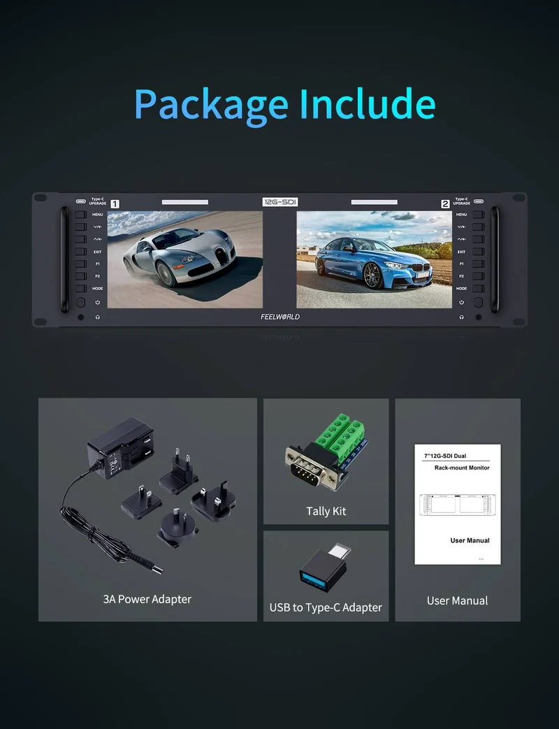 FEELWORLD FRM701G Dual 7 Zoll 3HE Rackmount-Monitor 12G-SDI 4K HDMI 1920x1200 IPS