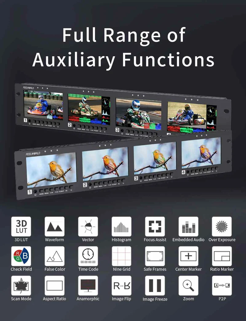 FEELWORLD Q41 Quad 4.5 Zoll 2HE Rack-Monitor mit 3G-SDI, 4K-HDMI-AV-Ein- und -Ausgang