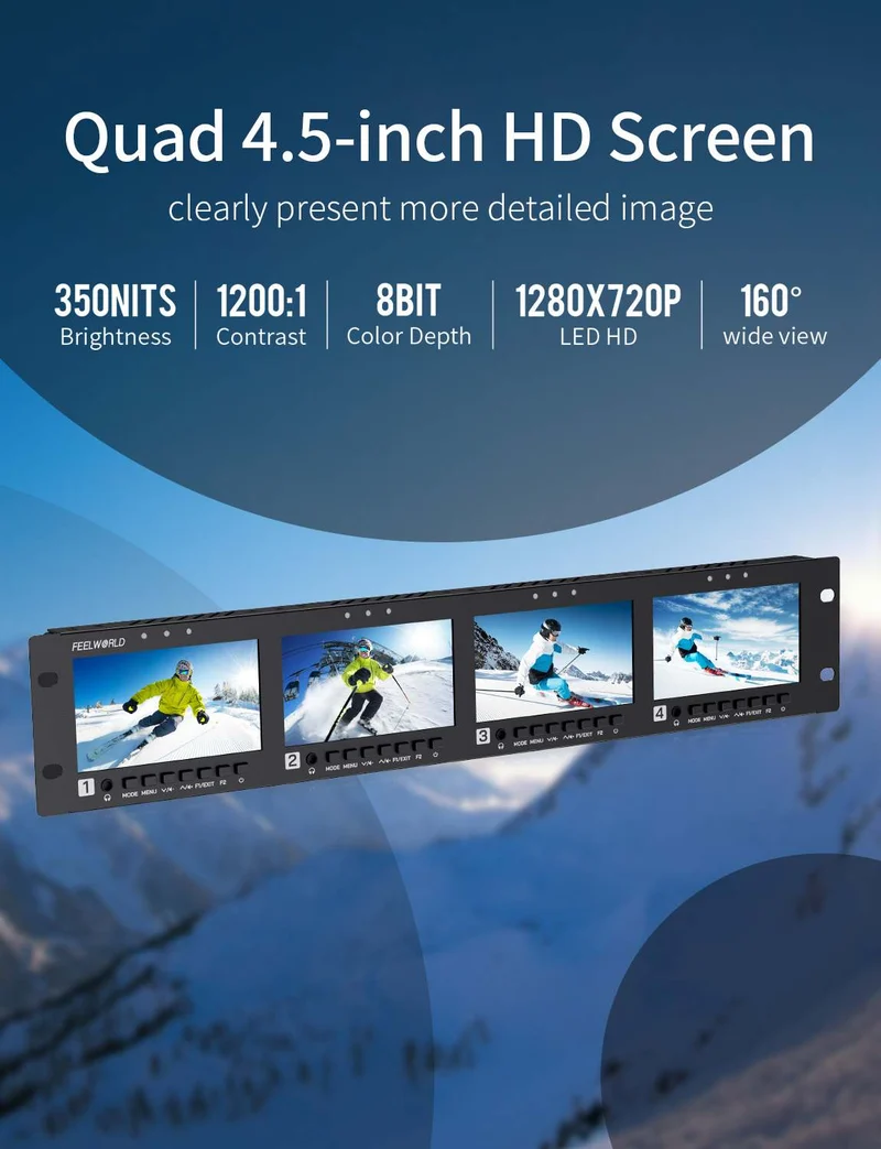 FEELWORLD Q41 Quad 4.5 Zoll 2HE Rack-Monitor mit 3G-SDI, 4K-HDMI-AV-Ein- und -Ausgang