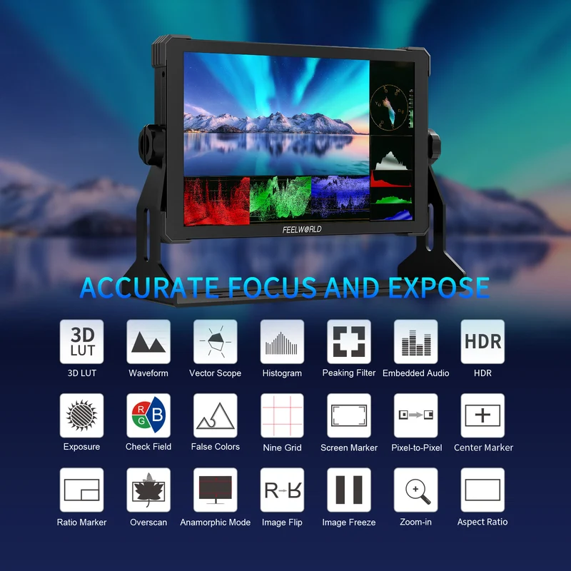 FEELWORLD T10 10.1 Zoll 500nit Aluminium DSLR Kamera Feldmonitor Externes Installations- und Stromversorgungskit