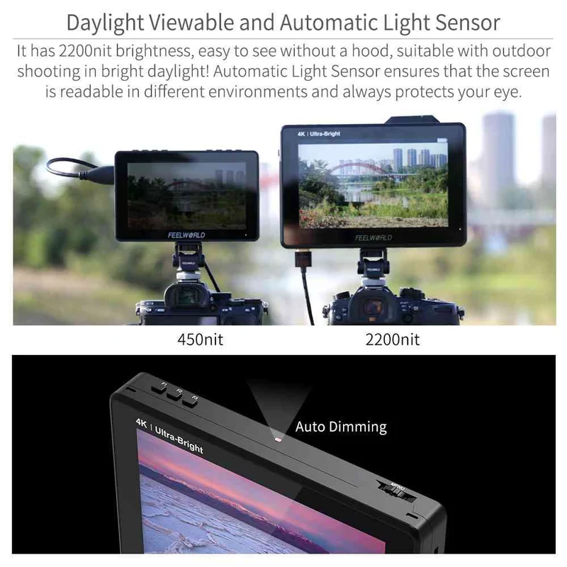 FEELWORLD LUT7S PRO 7-Zoll-DSLR-Kamera-Feldmonitor mit 2200 Nits 3D-LUT Touch 4K HDMI 3G-SDI F970-Kit