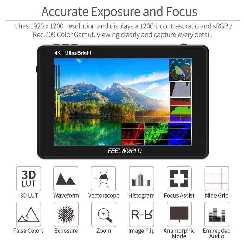 FEELWORLD LUT7S PRO 7-Zoll-DSLR-Kamera-Feldmonitor mit 2200 Nits 3D-LUT Touch 4K HDMI 3G-SDI F970-Kit