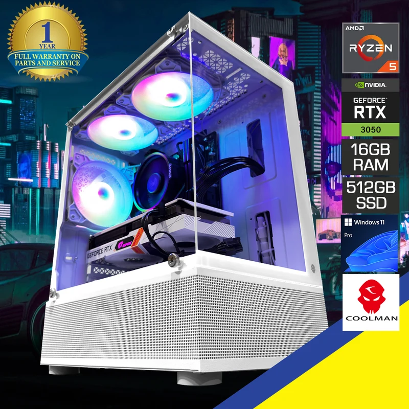 Alpha Reyna White Desktop Gaming PC | AMD Ryzen 5 5500 | 16GB (2x8GB) RAM | 512GB SSD | RTX 3050 | Windows 11 Pro