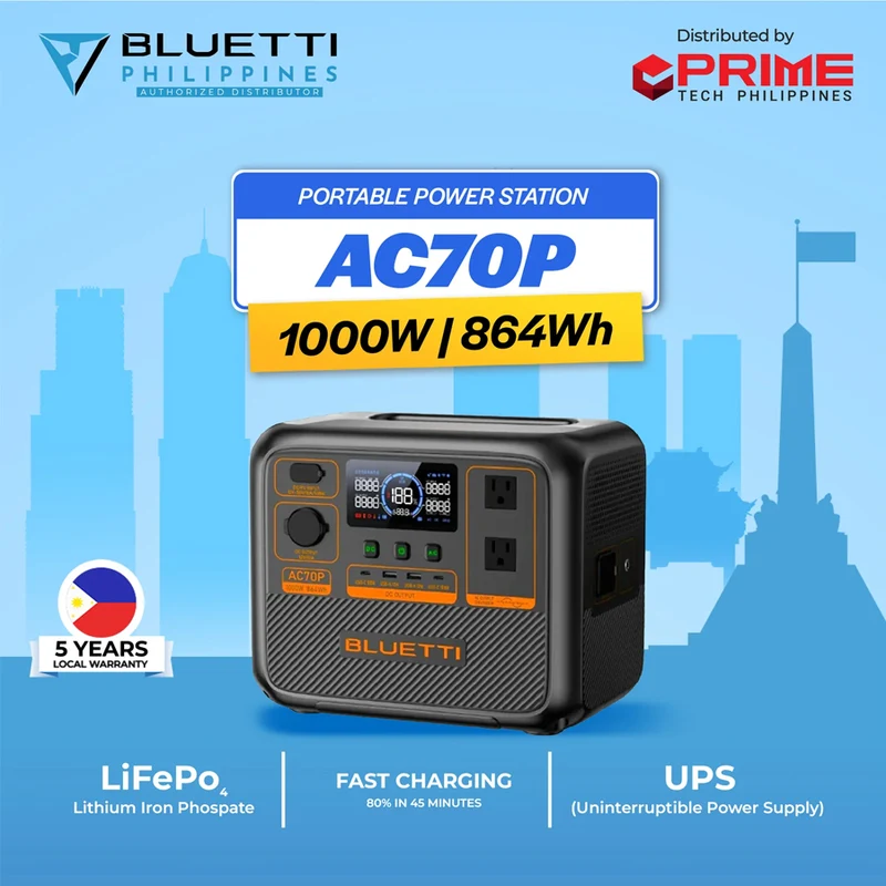 BLUETTI AC70P Portable Power Station | 864Wh LiFePO4 Battery | 1000W AC Output & 950W Turbo Charging