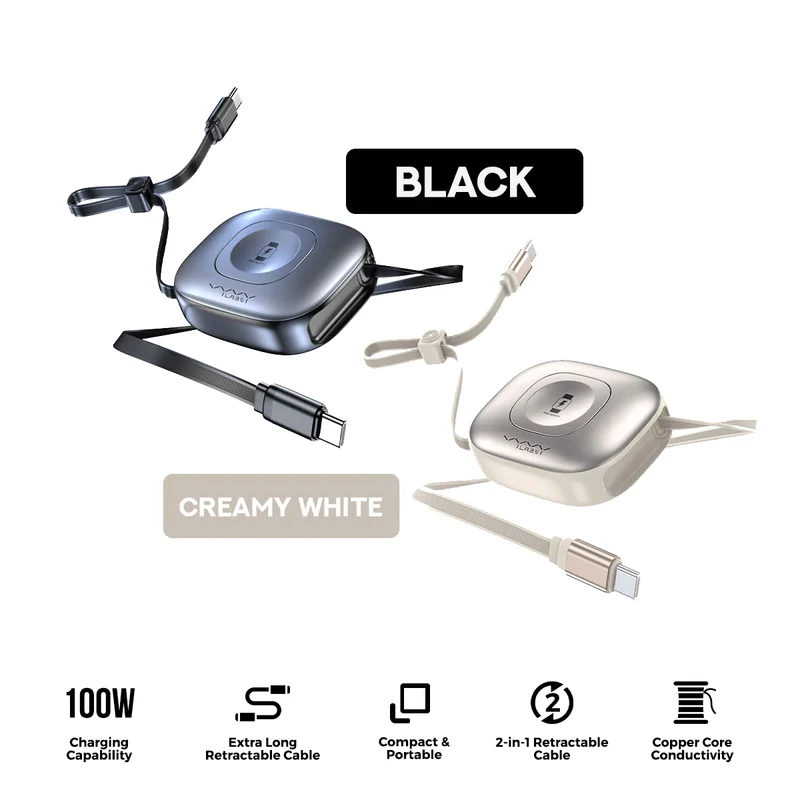 Vyvylabs Mi Square Retractable Cable and Wireless Watch Charger Type-C to Type-C 100W (Black, Creamy White) (VCXFY-BK, VCXFY-WH)