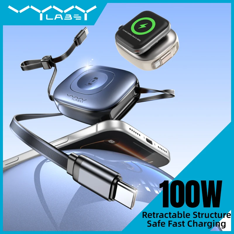Vyvylabs Mi Square Retractable Cable and Wireless Watch Charger Type-C to Type-C 100W (Black, Creamy White) (VCXFY-BK, VCXFY-WH)