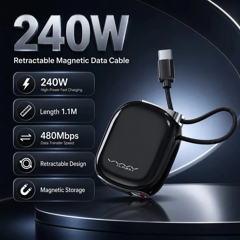 Vyvylabs Elegant Retractable Type-C to Type-C Cable 240W (Black, White) (VCRM-BK, VCRM-WH)