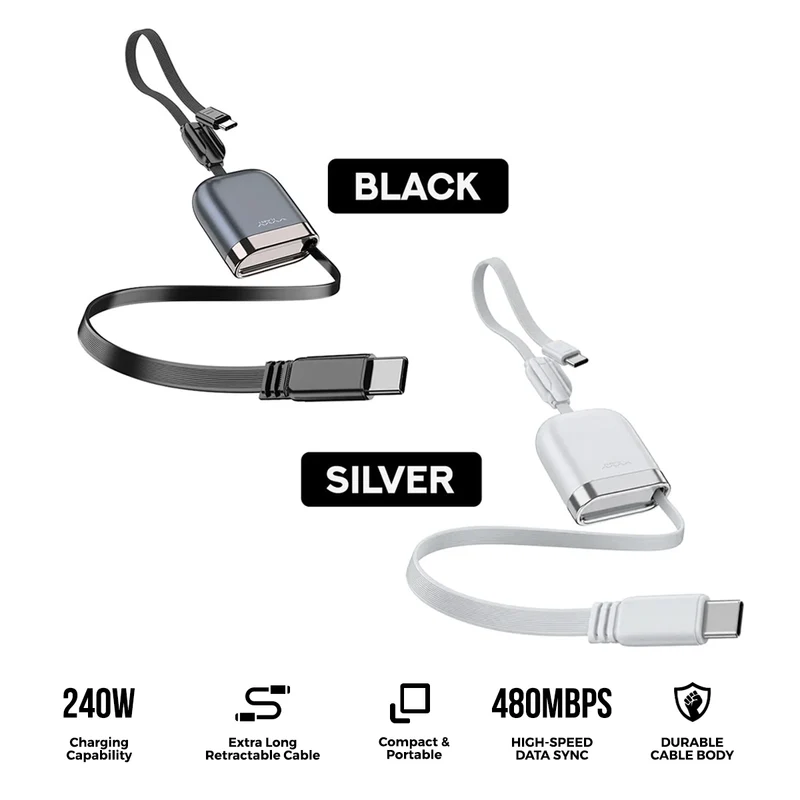 Vyvylabs Vans Retractable Cable Type-C to Type-C 240W (Black, Silver) (VCFS-BK, VCFS-WH)
