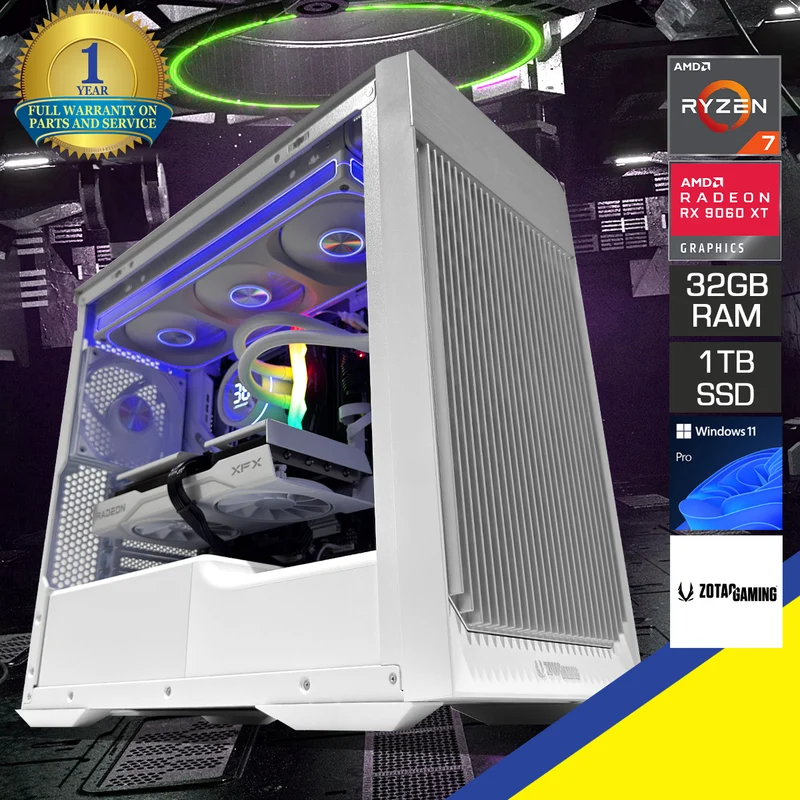 Sophos Alloy Silver White Desktop Gaming PC | AMD Ryzen 7 7800X3D | 32GB (2x16GB) RAM | 1TB SSD | RX 9060 XT | Windows 11 Pro