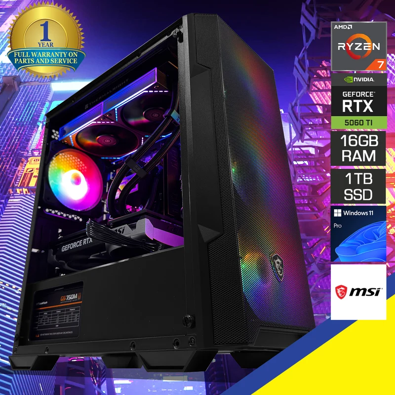 Aurora MAG FORGE Black Desktop Gaming PC | AMD Ryzen 7 8700F | 16GB (2x8GB) RAM | 1TB SSD | RTX 5060 Ti | Windows 11 Pro